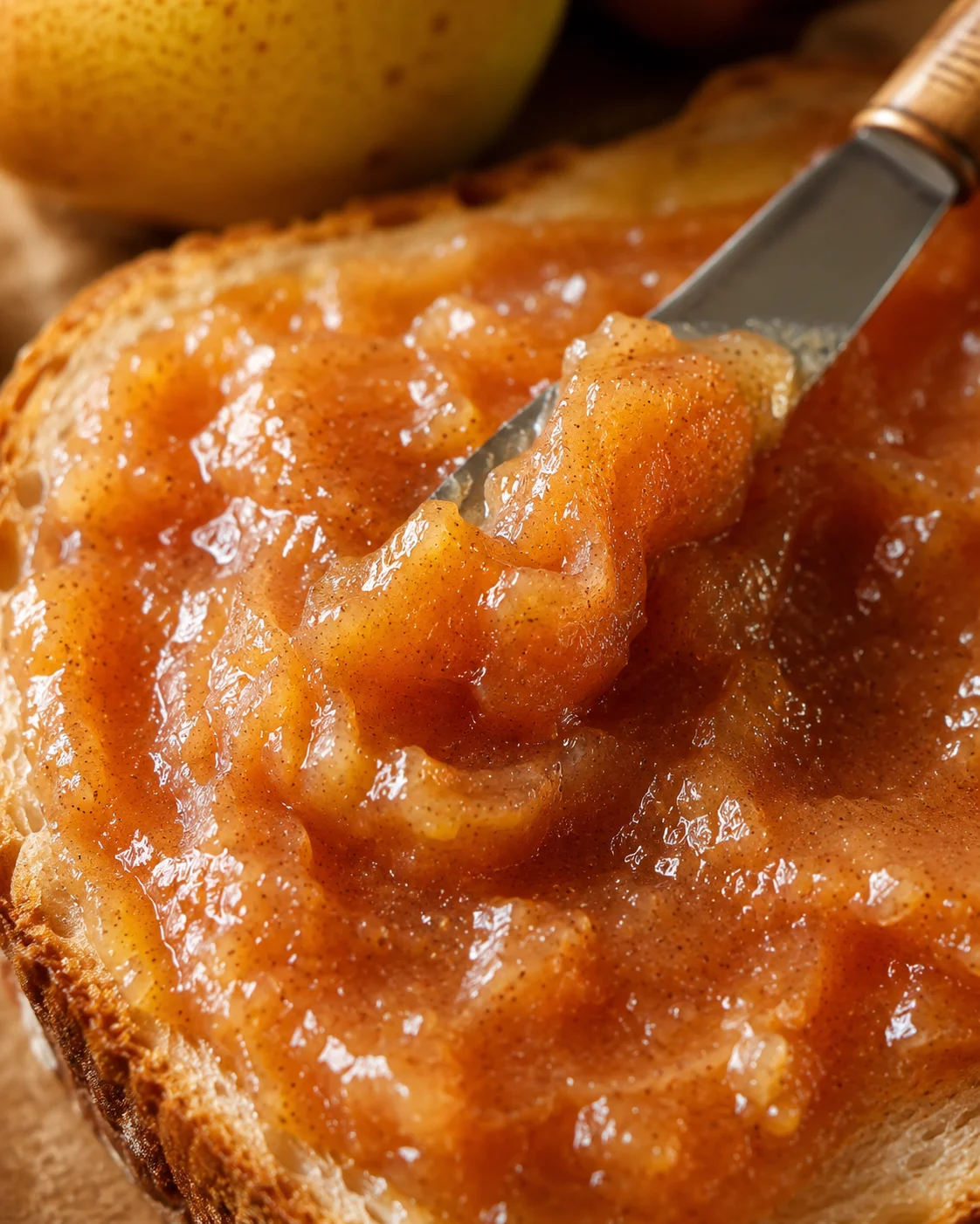 Close-up of fresh pear butter spread on toasted bread with a pear in the background.