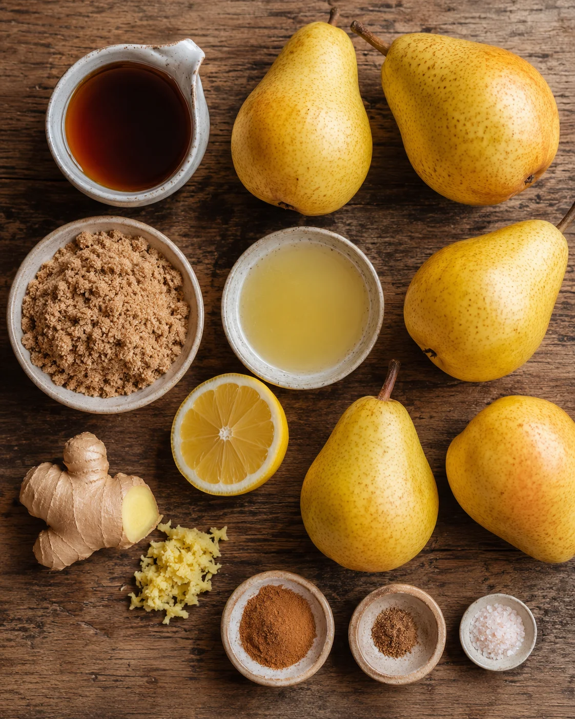 Fresh pears, spices, lemon juice, and other ingredients for pear butter on a rustic wooden surface.