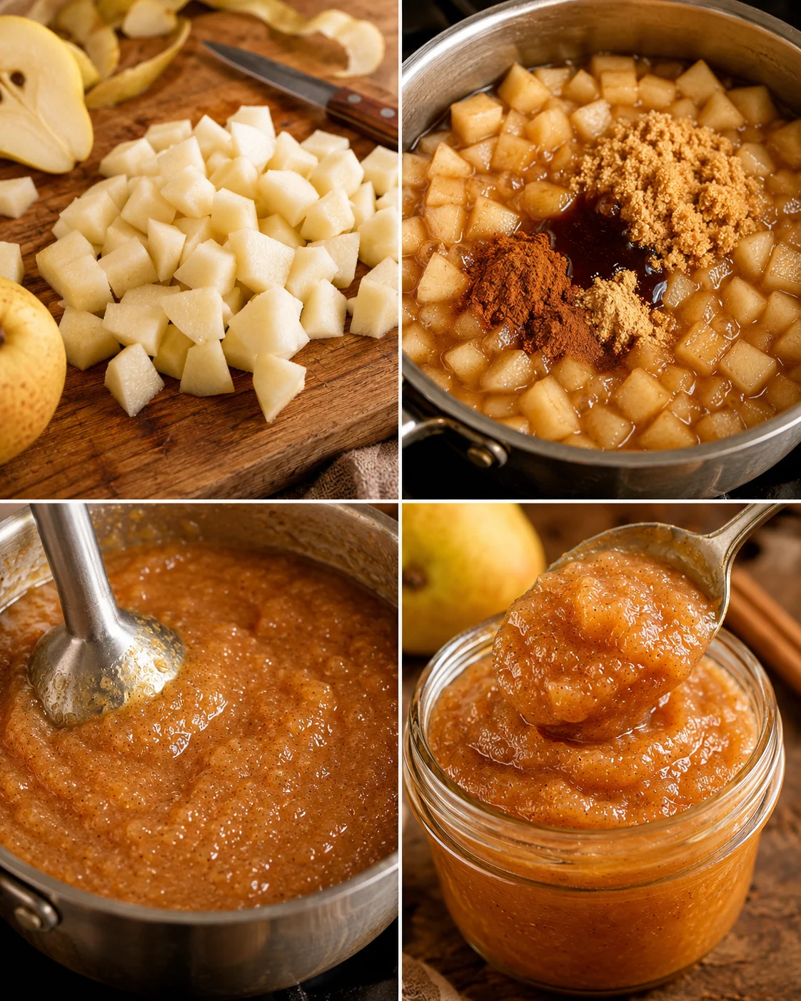 Mise en place of diced pears and simmering spiced pear butter in a pot.
