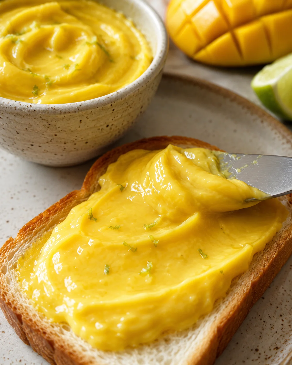 Creamy mango butter spread on toast with lime and honey accents.
