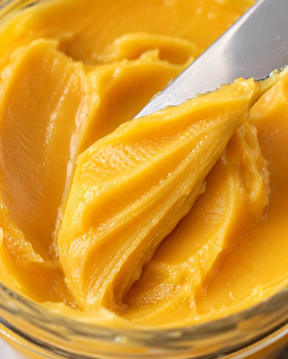 Creamy mango butter with vibrant orange color and smooth texture in a jar