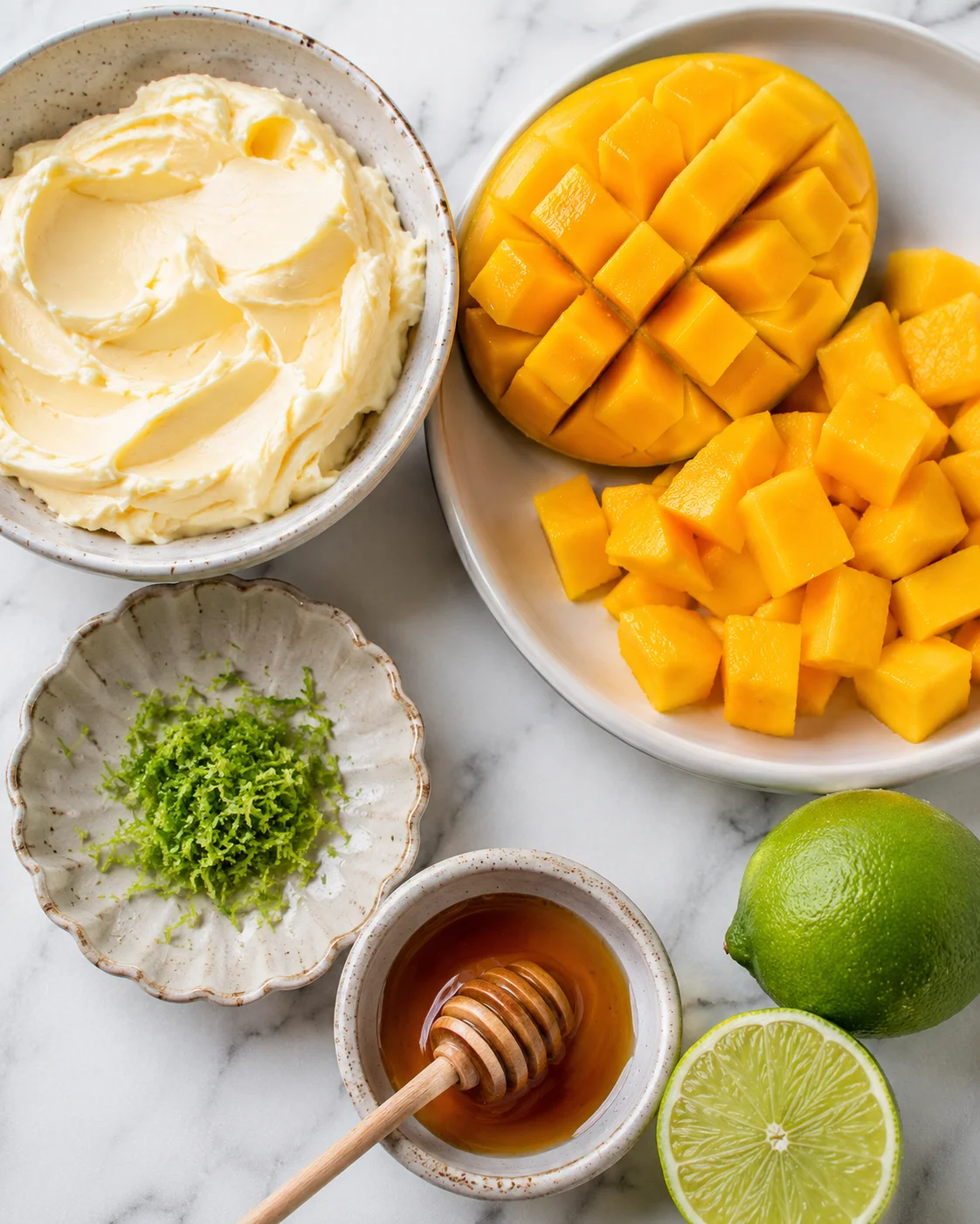 Fresh mango, lime, honey, and butter ready for making mango butter spread.