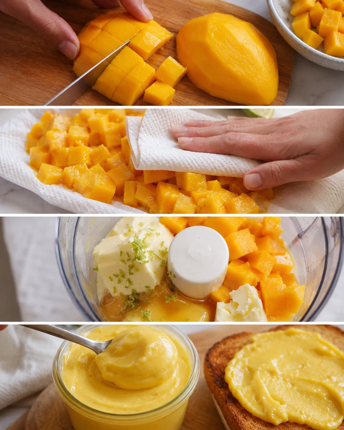 Freshly chopped mango and zested lime being prepared for mango butter spread.