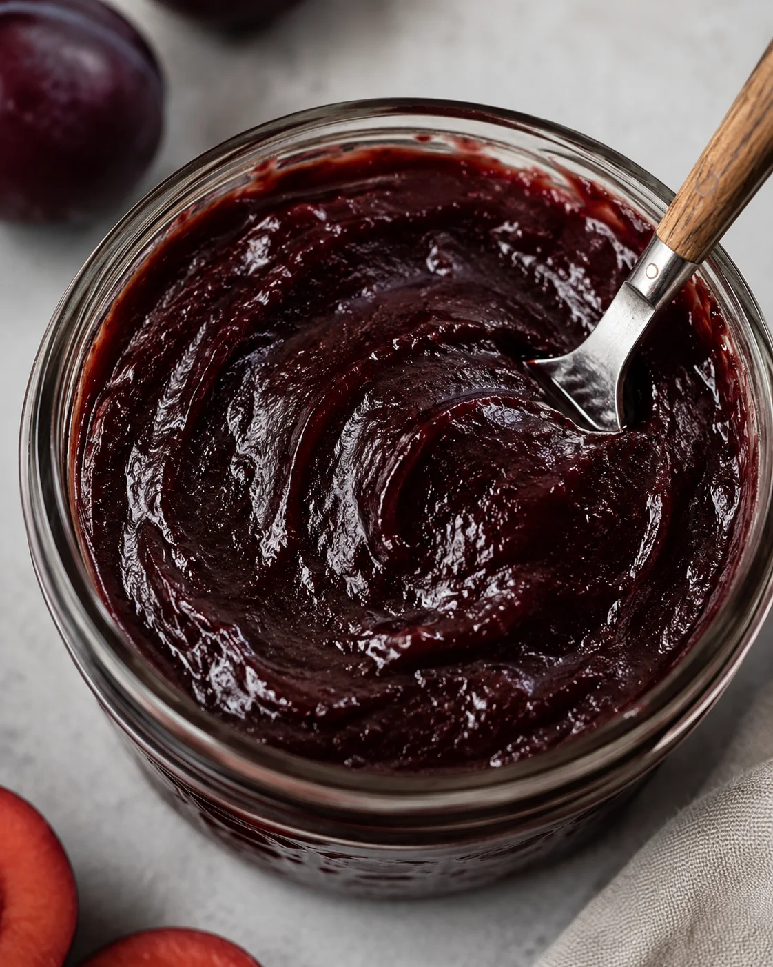 Rich, smooth homemade plum butter with vanilla bean flavor in a glass jar