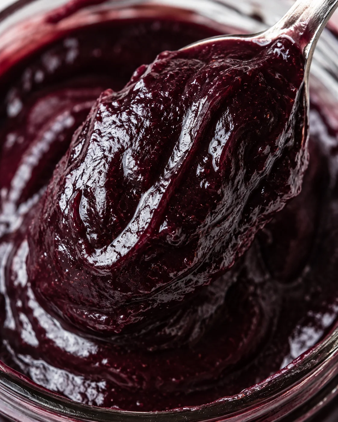 Close-up of rich, dark purple plum butter spread with a spoon