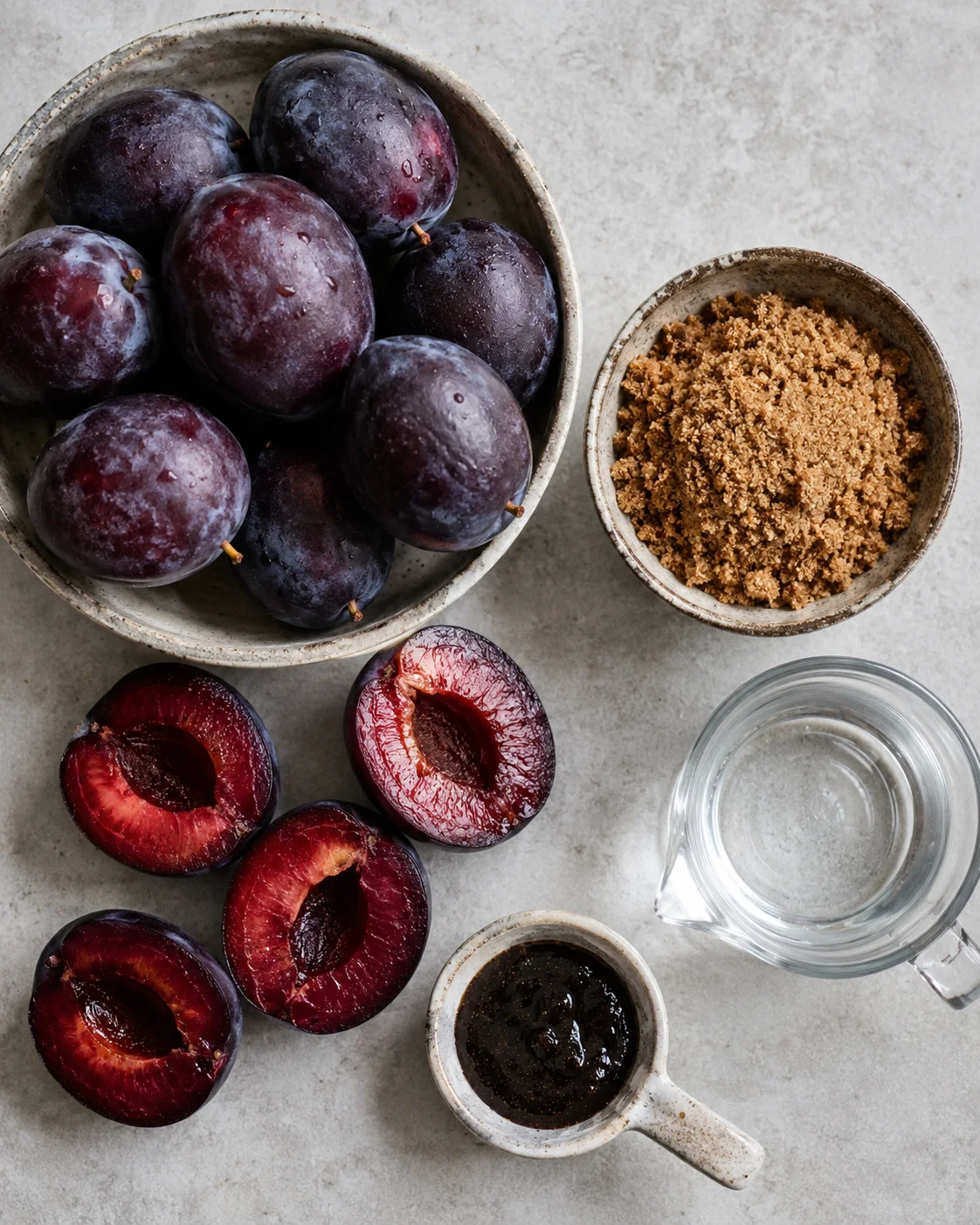 Fresh ripe plums and brown sugar in bowls for making vanilla bean plum butter.
