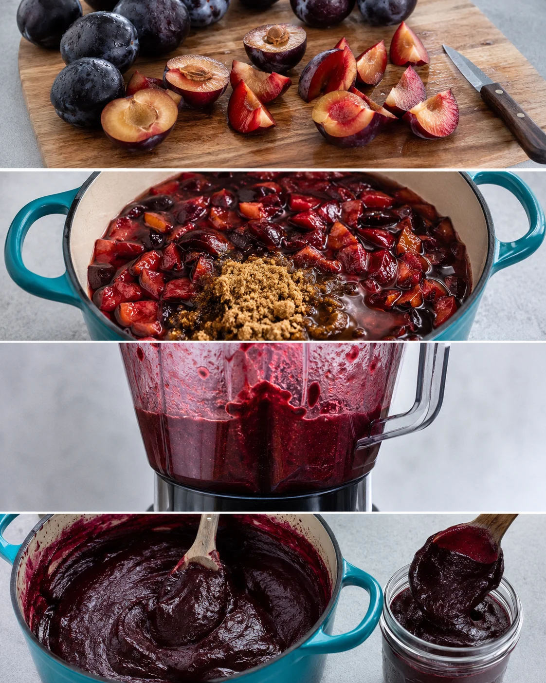 Fresh plums sliced on a wooden cutting board with a pot of cooking plum mixture below.