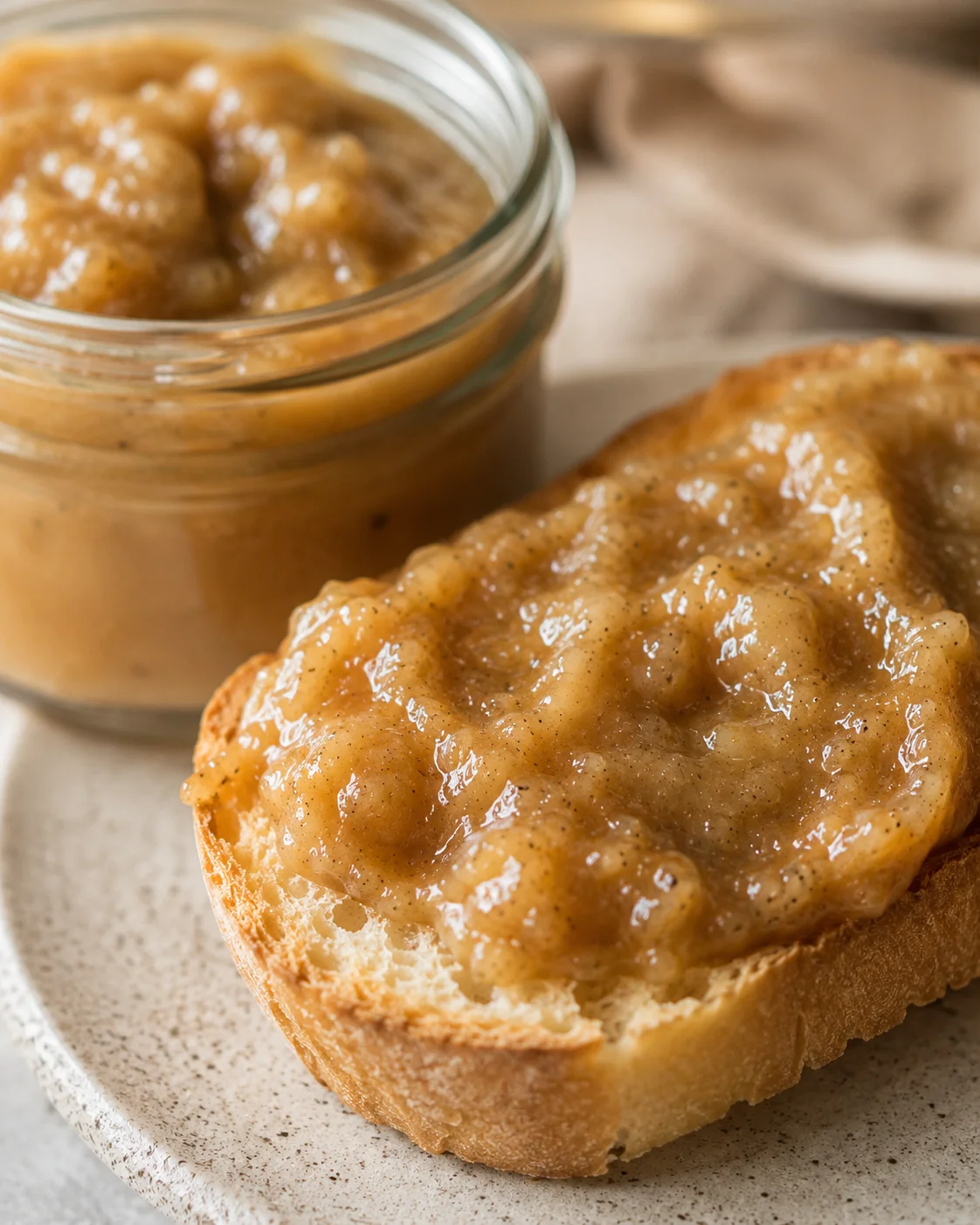 Creamy banana spread with bourbon and vanilla on toast, close-up shot.