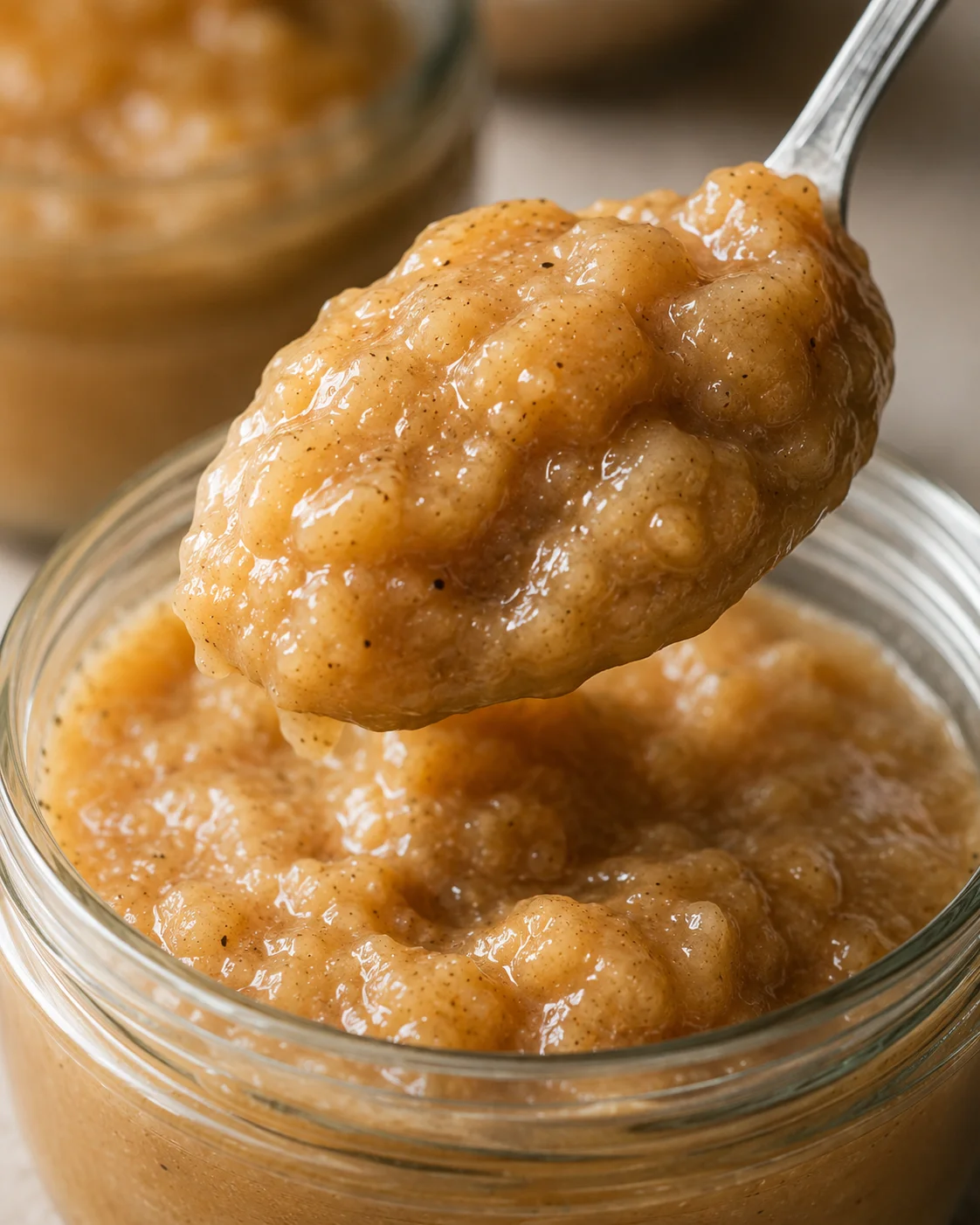 Creamy, caramel-colored banana butter with a hint of bourbon on a spoon