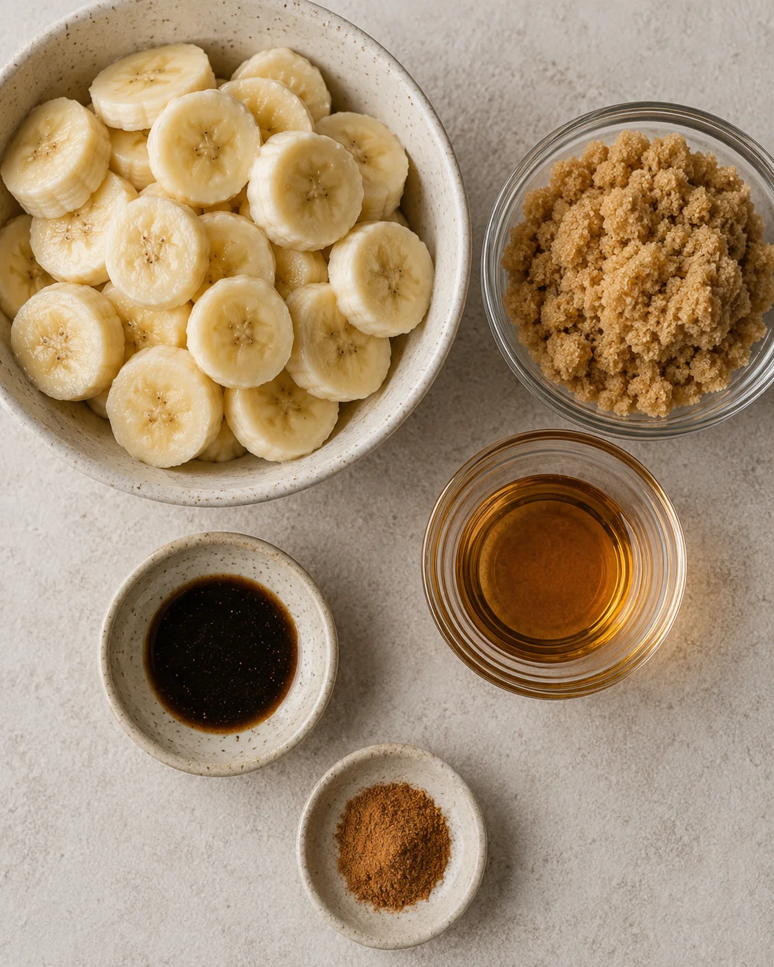 Bananas sliced in a bowl with ingredients for banana butter spread around