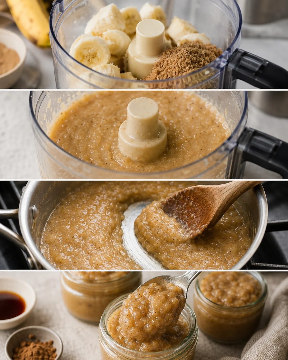 Creamy banana spread with bourbon and vanilla, ready for jars and serving.
