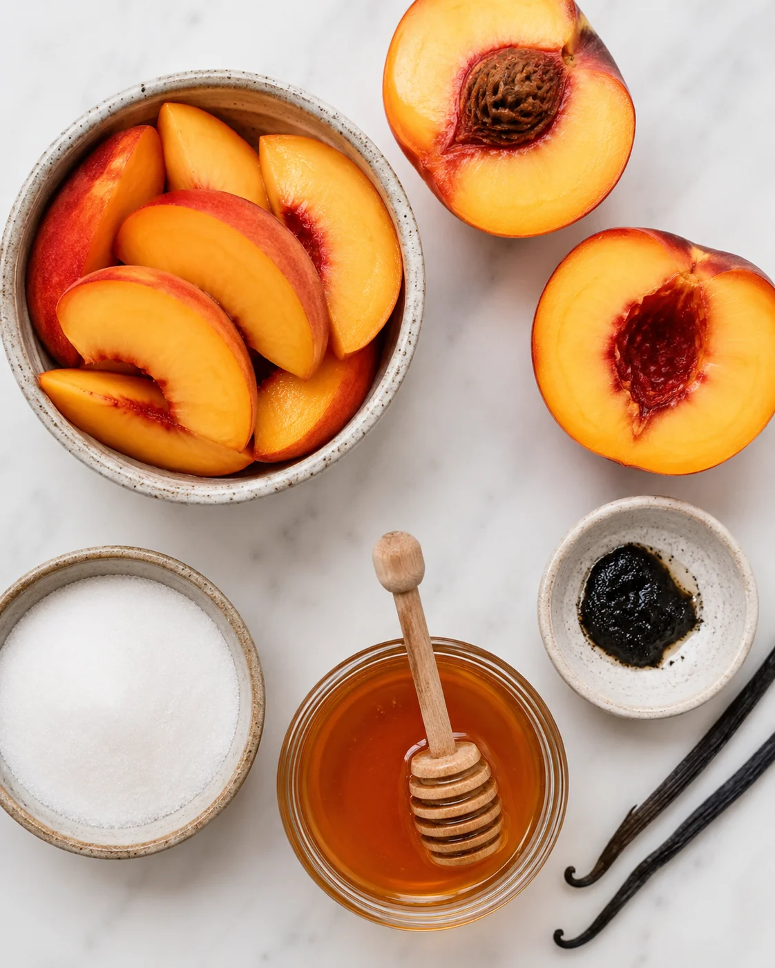 Sliced peaches, honey, vanilla, and sugar on a white surface for canning
