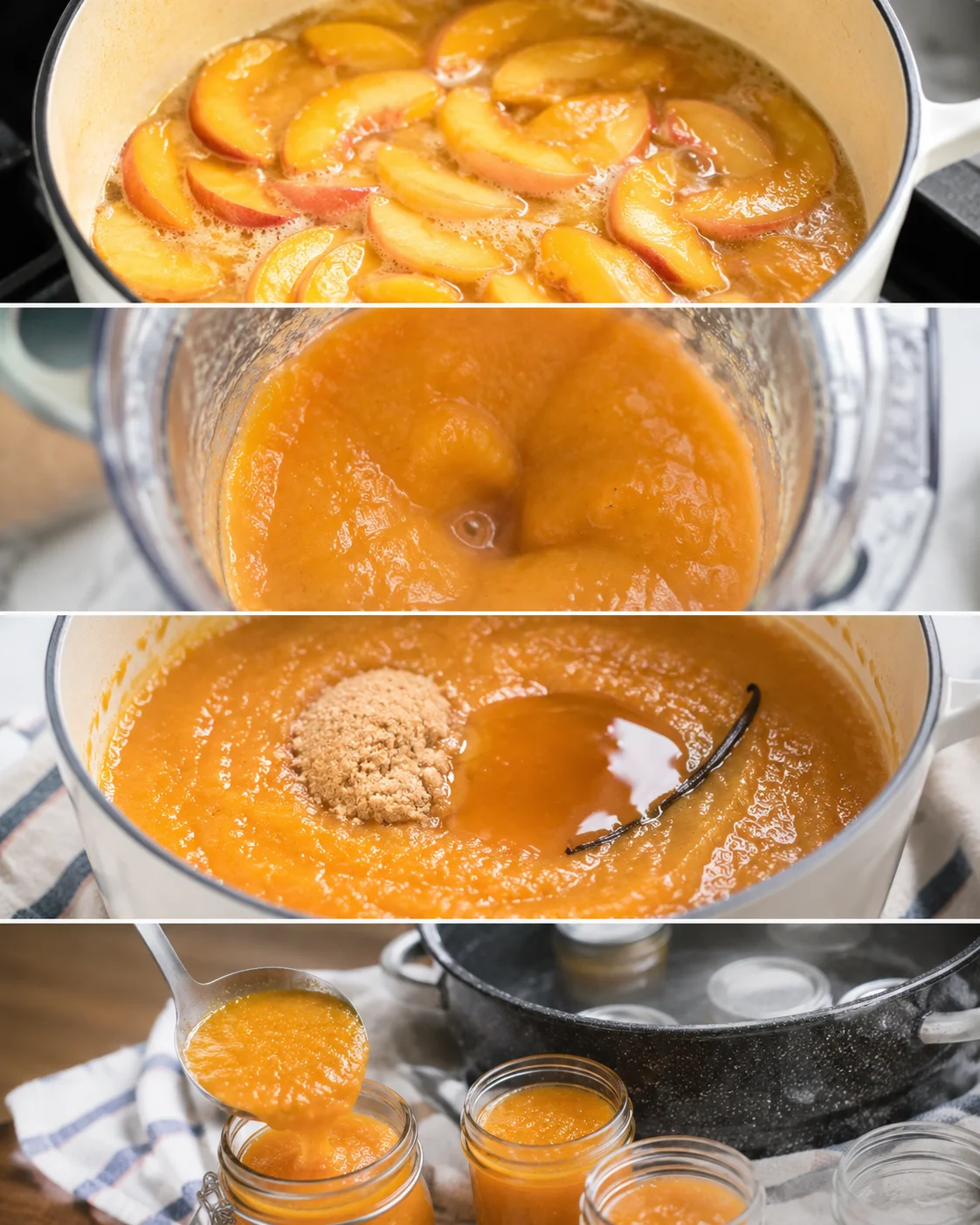 Step-by-step process of making peach butter with peaches, blending, and jar filling.