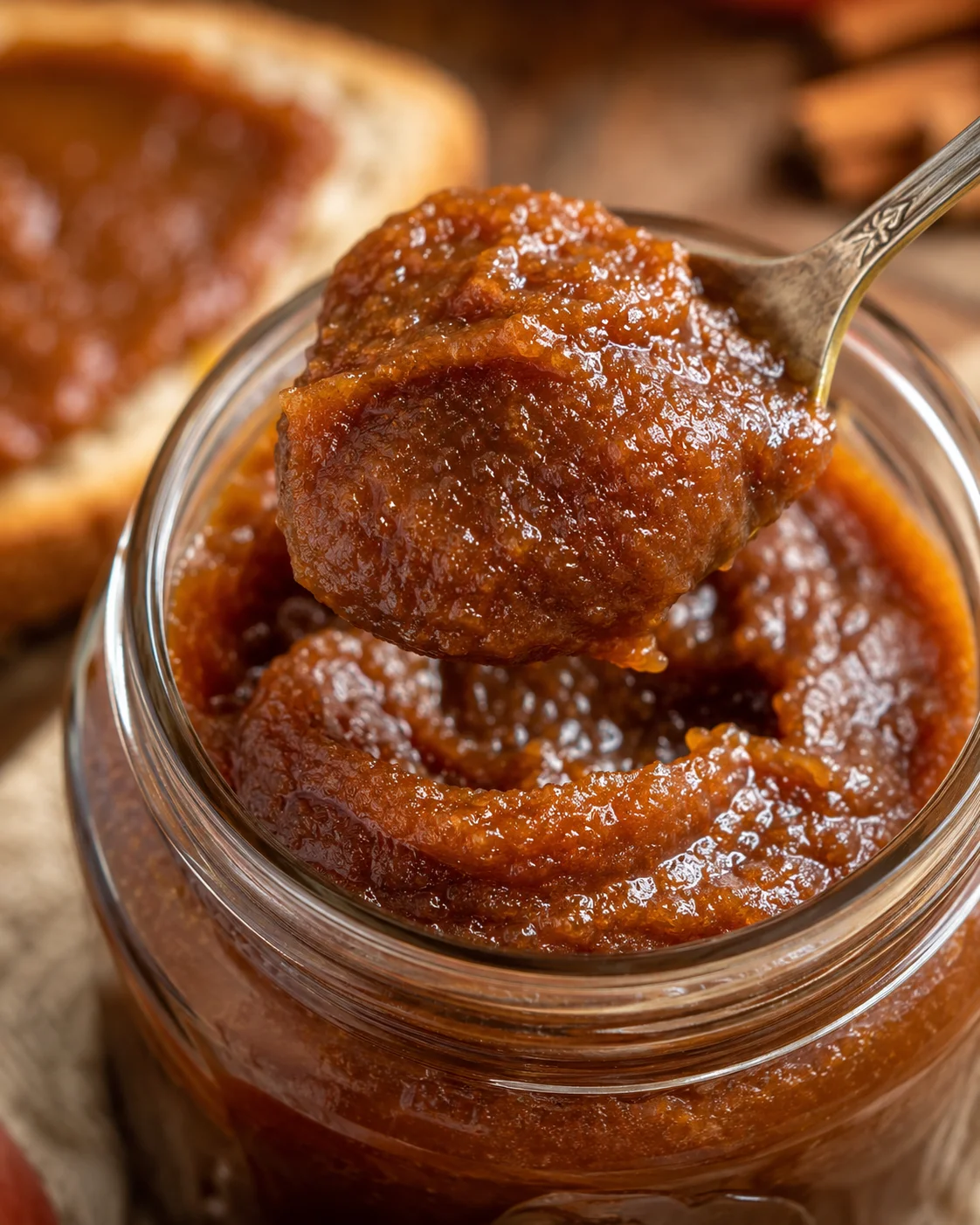 Close-up of rich, caramelized apple butter in a glass jar with a spoonful lifted out.