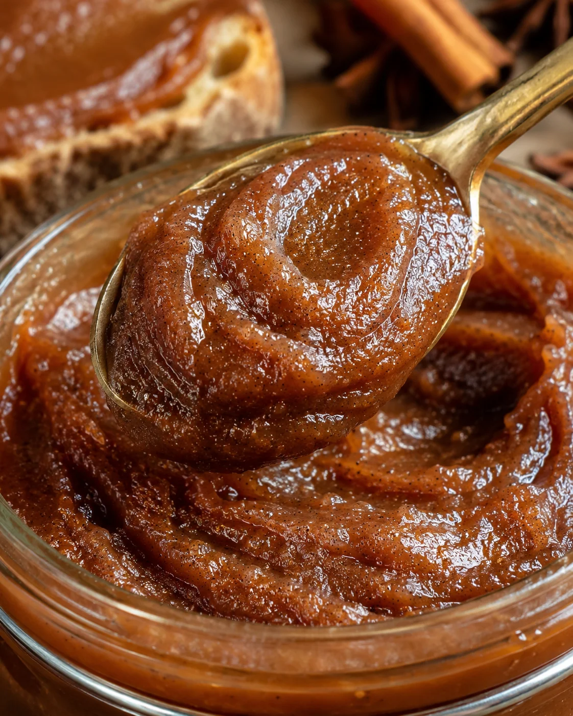 Close-up of glossy, spiced apple butter on a golden spoon, ready to serve.