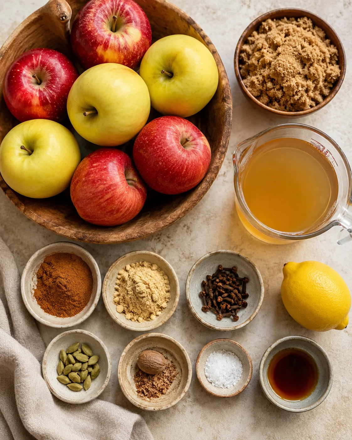 Assorted fresh apples, spices, and ingredients for making chai apple butter.
