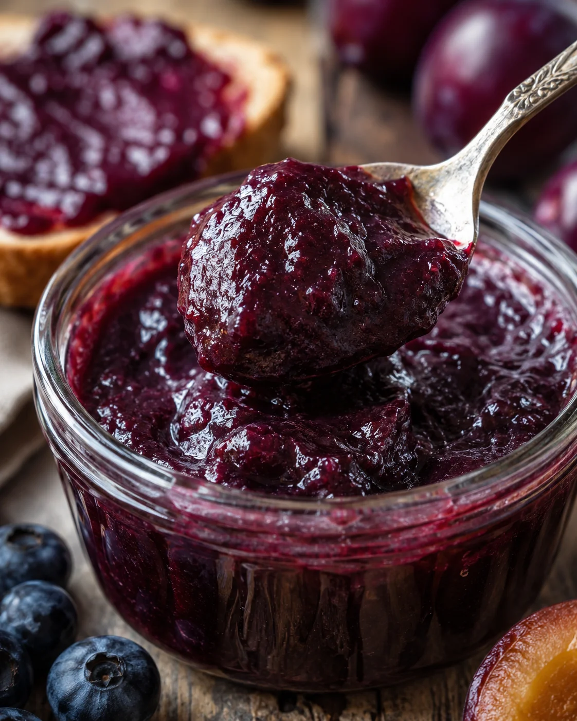 Close-up of homemade blueberry plum butter in a jar with a spoon.