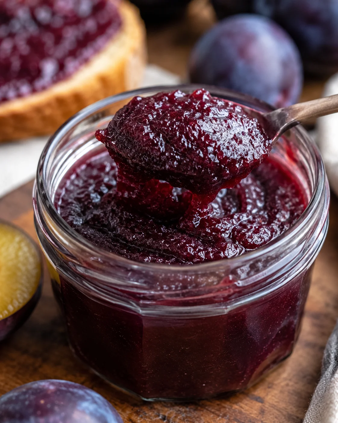 Rich, deep purple blueberry and plum butter with a smooth texture in a jar
