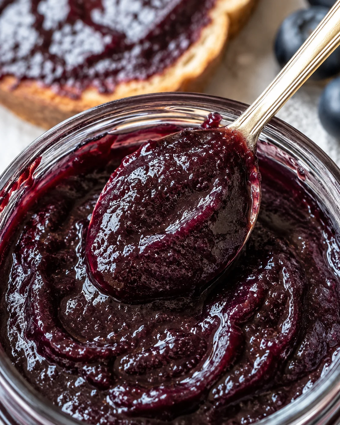 Close-up of rich, thick blueberry plum butter in a jar with a spoon.