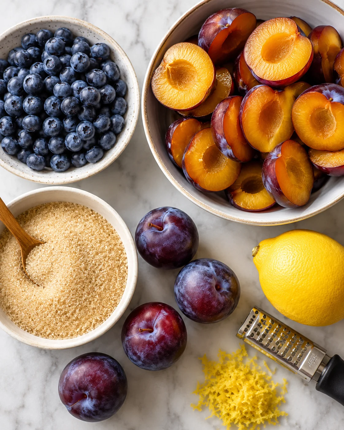 Fresh blueberries and plums with lemon zest for homemade fruit butter.