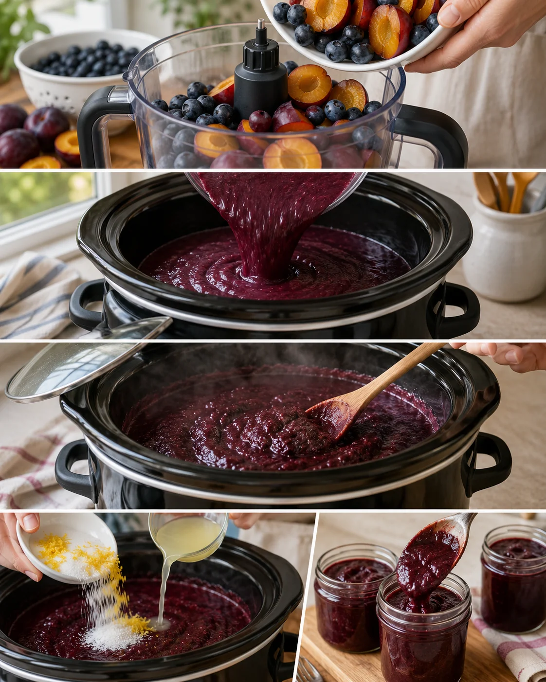 Step-by-step process of making blueberry and plum butter in a slow cooker.