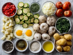 Ingredients for Zucchini and Potato Breakfast Hash, including potatoes, zucchini, onion, and spices