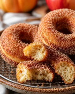 Fresh baked apple cider donuts with cinnamon sugar coating on a wire rack.