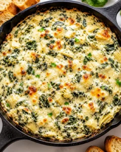 creamy spinach-artichoke dip in a cast-iron skillet with toasted bread slices.