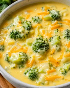 Creamy broccoli cheddar soup with tender broccoli florets and melted cheese.