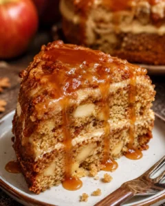 Delicious caramel apple cake with caramel drizzles and cinnamon frosting, perfect for fall.