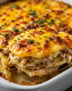 Warm, cheesy casserole with potatoes, ground beef, and melted cheese fresh from the oven.