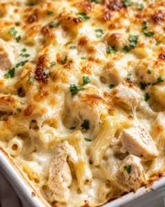 Close-up of a cheesy baked chicken Alfredo pasta dish with parsley garnish.