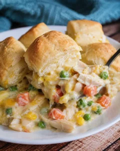 Creamy chicken pot pie topped with flaky biscuits, served on a white plate.