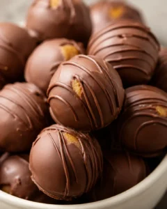 Close-up of chocolate-covered peanut butter balls with drizzled chocolate.