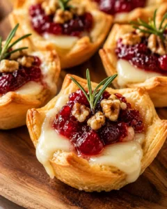 close-up of mini puff pastry tartlets with berry compote, melted brie, walnuts, and rosemary on a wooden board
