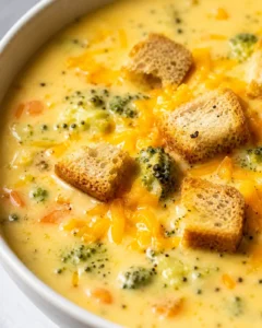 Close-up of creamy broccoli cheddar soup with croutons in a bowl