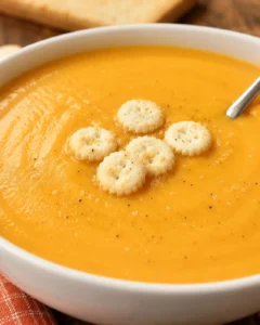 A bowl of creamy, orange butternut squash soup garnished with small crackers.