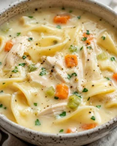 A bowl of creamy chicken noodle soup with tender chicken, vegetables, and herbs.