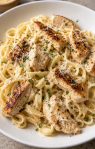 Creamy fettuccine alfredo topped with grilled chicken in a white bowl, garnished with parsley.