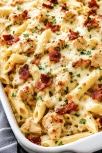 creamy chicken penne bake with bacon and parsley in a white dish
