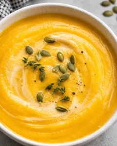Bowl of vibrant yellow roasted butternut squash soup garnished with seeds and herbs.