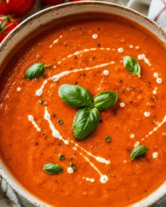 Warm, velvety tomato bisque garnished with basil and cream drizzle.
