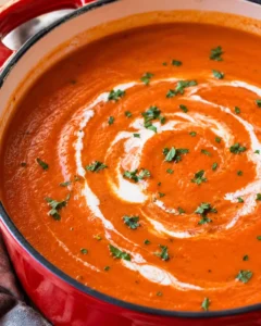 A rich and smooth tomato bisque garnished with fresh herbs in a red pot.