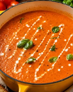 A bowl of creamy tomato bisque garnished with basil leaves and drizzled cream
