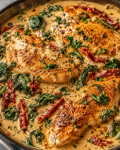 Golden seared chicken with spinach and sun-dried tomatoes in a creamy sauce