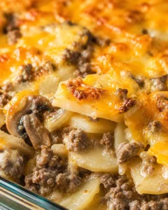 Creamy, cheesy hamburger potato casserole topped with melted cheese and ground beef
