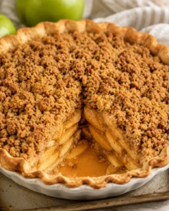 Close-up of a freshly baked apple crumb pie with crumb topping