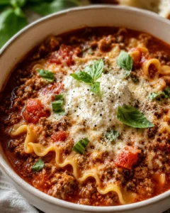 A bowl of hearty lasagna soup topped with fresh basil and melted cheese