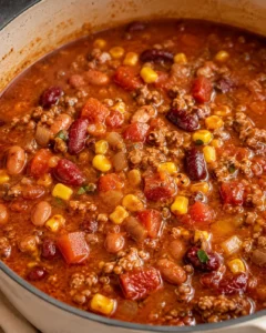 Hearty and flavorful taco soup with ground beef, beans, and veggies in a pot