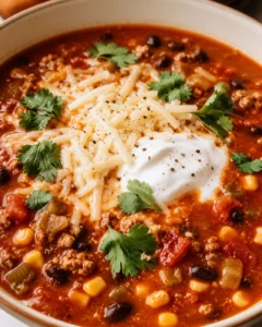 A bowl of flavorful taco soup topped with cheese and cilantro